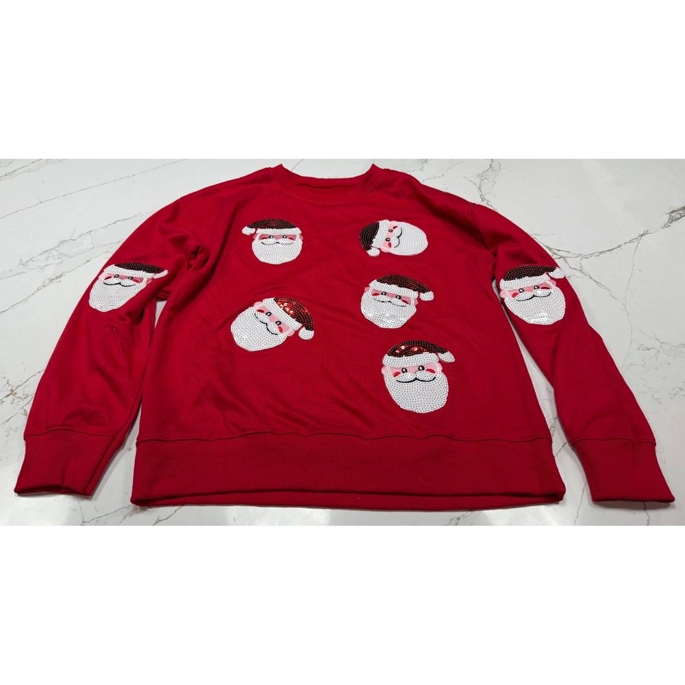 Sequin Santa Red Lightweight Crew Neck Top, Christmas Women's Size Small